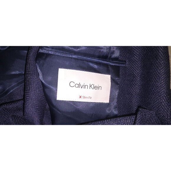 Calvin Klein Mens Slim Fit Navy Herringbone Blazer Two-Button Style 385 Short - Picture 5 of 9